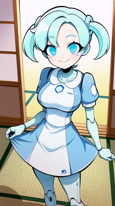 masterpiece, best quality, amazing quality, aesthetic,  absurdres, best quality, 4k, upscale, indoors, tatami, Robo-Alice, 1girl, solo, android, joints, smile, robot joints, twintails, dress, blue eyes, looking at viewer, blue hair, standing, breasts, ringed eyes, closed mouth, blue dress, pose,  <lora:Robo-Alice_IL:0.8>