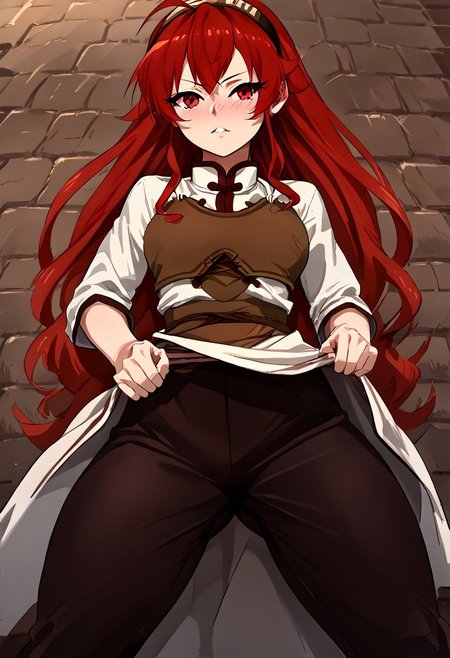 score_9, score_8_up, score_7_up, score_9, score_8_up, score_7_up,Masterpiece,HD,(((HD quality))), (((ultra quality))), hyper ultra detailed, hyper ultra quality,solo,mature female,
<lora:StS_PonyXL_Detail_Slider_v1.4_iteration_3:3>,
Background dungeon, bricks, filth on the walls, anime font,from below, looking at the viewer,indoors,
1girl, detailed, perfect arms, perfect face, perfect hands,alone ,blushed, very blushed,
BREAK
breasts perky,curvy, waist, slim,  perfect anatomy, height, tall,perfect body, 
BREAK
<lora:nomanota:0.9>,
nomanota, eris, 1girl, red eyes, red hair, long hair,
brown hairband, Chinese shirt, brown vest, brown pants,