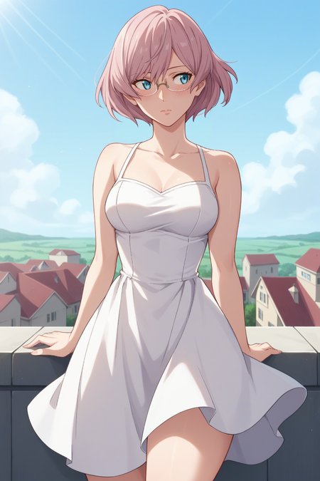 score_9, score_8_up, score_7_up, source_anime, 1girl, prefect lighting, very aesthetic, intricate details, highly detailed background, masterpiece, high quality, prefect hands, best quality, solo, 
<lora:Mujina_SSSS.Dynazenon_V1:.85>, KJOmujina, short hair, pink hair, blue eyes, thick thighs, 
white sundress, bare shoulders, expressionless, looking to the side, blush, embarrassed, glasses,
adjusting hair, wind,
rooftop,
(Beautiful, medium Breasts:1.2), natural breasts,