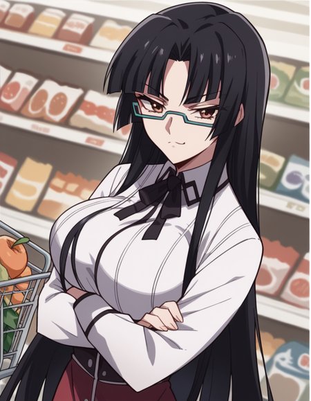 score_9, score_8_up, score_7_up, source_anime, <lora:tsubaki-shinra-s2-ponyxl-lora-nochekaiser:1>, tsubaki shinra, long hair, black hair, brown eyes, glasses, semi-rimless eyewear, under-rim eyewear, parted bangs, bangs, blunt bangs, large breasts, shirt, ribbon, school uniform, white shirt, black ribbon, neck ribbon, long sleeves, skirt, red skirt,, grocery store, shopping cart, picking fruits, everyday life, , , , crossed arms, smug, solo,, cowboy shot, dutch angle,