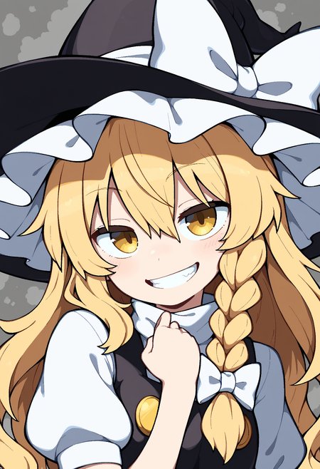 masterpiece,best quality,amazing quality,
1girl, kirisame marisa, solo, hat, blonde hair, yellow eyes, braid, long hair, smile, witch hat, bow, black headwear, hair bow, hair between eyes, looking at viewer, short sleeves, bangs, shirt, single braid, white bow, grin, white shirt, upper body, puffy sleeves, dress, hat bow, puffy short sleeves, hand up, teeth, black dress, vest,
 <lora:AverageHanzo_epoch_10:1>