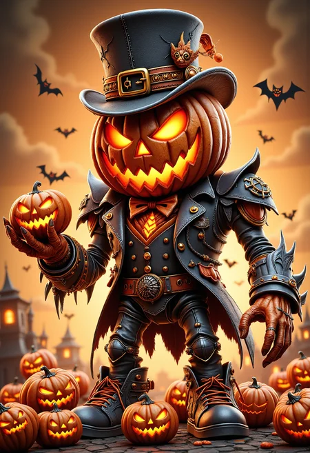 A giant jack-o'-lantern with a mischievous grin is wearing a top hat and holding a tiny pumpkin in its hand. The jack-o'-lantern is standing in a field of pumpkins, and the sky is a deep orange color. The overall atmosphere is one of festive fun and excitement.
 <lora:dvr-halloween-flux:1> dvr-halloween