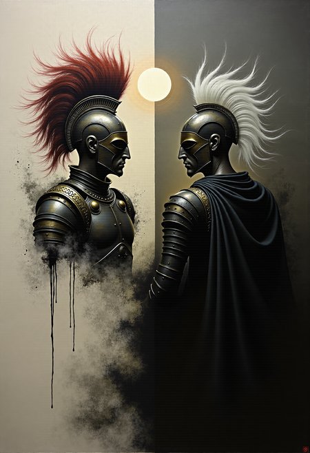 0n1r1c, Create a dramatic impasto painting with drips and painterly smudges of two majestic warriors, inspired by Achilles, the central character in Homer's Iliad, wearing futuristic, metallic full-body armor with a complex, segmented design. 

The painting is divided vertically into three sections.
The left section, only white, is dominate from Hector, his
warrior's helmet should have a striking red horsehair crest.
The background of this left section is a light white.
The middle section, only light gray, showcases a high, arched window below the upper edge of the painting, through which the moon shines.
The background of this middle section is a light gray.
The right section, only dark gray, is dominate from Patroclus, his warrior's helmet should have a striking white horsehair crest.
The background of this right section is a dark gray.

Both helmets reminiscent of ancient Greek soldiers.
Both armors should have multiple plates and reinforcements, covering the entire body and combining both ancient and modern aesthetics. 

The shoulder plates and bracers of both armors should feature additional plating with gold accents. Both warriors should wear long, flowing black capes, adding a touch of royalty. Their overall appearance should exude strength, nobility, and a harmonious blend of the antique and the modern. Set the scene in a dark, grand hall with high, arched windows in the background. The painting should emphasize a combination of ancient grandeur and a futuristic, modern, and abstract style, with dramatic lighting features in a monochromatic scheme, primarily in shades of black, white, and gray.
