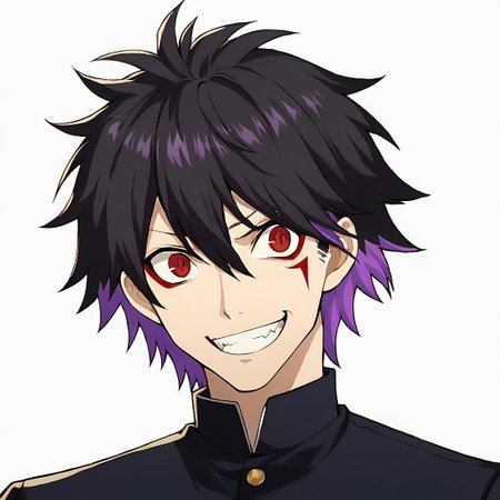 Score_9, score_8_up, score_7_up, source_anime, cowboy shot, masterpiece, best quality, upper body, portrait, (white background), 1boy, ((black hair)), short hair, spiky hair, ((hair straight up)), hair between eyes, sharp top hair, ((slicked hair)), (((red eyes))), demonic eyes, (purple string on bangs:1.2), sharp teeths, smile grin, two colored hair, (two-tone hair), (streaked hair:1.2), (multicolored hair), ((red eye tattoos)), (purple colored inner hair), <lora:colored inner hair:1>, (purple hair tips), <lora:_sdxl-gakuran-pony:0.8> (((black gakuran)))