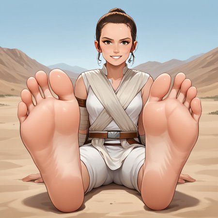 score_9, score_8_up, score_7_up, score_6_up, score_5_up, score_4_up, source_anime, BREAK, (masterpiece:1.4), (best quality:1.2), expressive eyes, perfect face, perfect anatomy, accurate anatomy, perfect feet, perfect soles, 1 girls feet, adult female, mature female, soles, toes, foot focus, front view, smile, cute expression, clean feet, sitting, hands on ground, showing feet, barefoot, 5 toes, PONYXL_WaifuFeetPics_ownwaifu, feet, Rey, 1girl,  solo, brown hair, brown eyes, sleeveless, white cloth, white pants, bandages, desert
