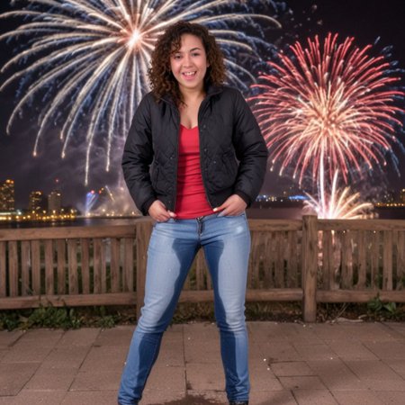 Omo wet
Wetting
Dark spot on crotch
Realistic style.
Cute sexy and fit girl 30 years. Jeans. Winter jacket. Curly hair. Asian. Standing up straight, legs crossed. She just started peeing, only crotch is visibly wet.
New years celebration with fireworks in the background.she is Super drunk and passed out from too much alcohol.
Cute face with a happy expression.
Full body picture. Show face. Facing camera.
Photo realistic