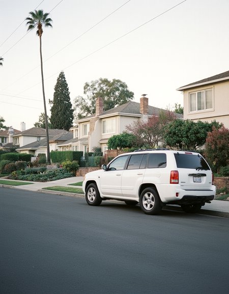 2014 photo of a Los angeles suburban neighborhood, houses, street, parked SUV, day time, palm trees,
