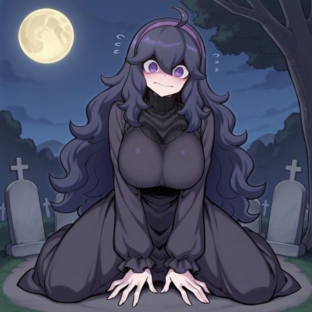score_9, score_8_up, score_7_up, score_6_up,
1girl, hexmaniac(spacezin style-ixl), dark blue hair, purple eyes, spiral eyes, @_@, white pale skin, very long hair, ahoge, hair between eyes, bangs, purple hairband, messy hair, wavy hair, c-cup breasts,
looking at viewer, shaded face, (wavy mouth:1.2),  
sharp image, eye-catching, perfect quality, best quality, detailed,
detailed environment, dynamic pose, kneeling, nervous, shy,
outdoors, night, dark shadows, full moon, (graveyard:1.1), (tombstones:1.2),