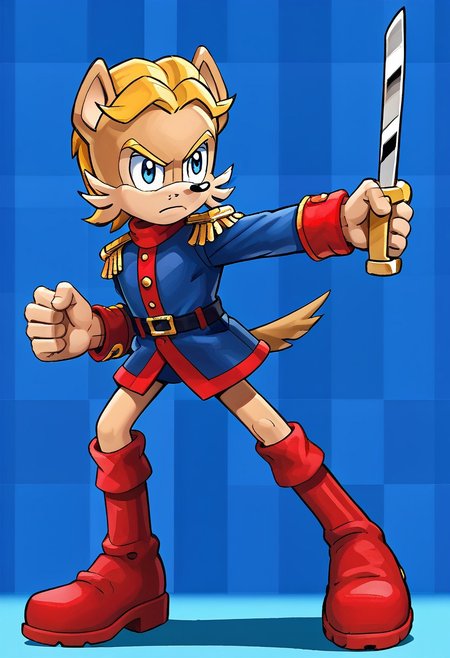 masterpiece, best quality, amazing quality, high detail, absurdres, Antoine D'Coolette, male, solo, holding saber weapon, sword, blue jacket, red boots, tail, blond hair, blue eyes, action pose, dynamic pose, (blue checkered background)