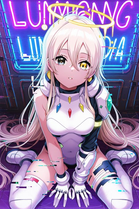masterpiece, best quality, amazing quality,
 <lora:Lumina_IL:1> lumina, 1girl, solo, yellow eyes, long hair, glitch, strong glitch, sitting, heterochromia, looking at viewer, thighhighs, gloves, wariza, halo, breasts, hair between eyes, hand between legs, blonde hair, parted lips, neon lights, medium breasts, bangs