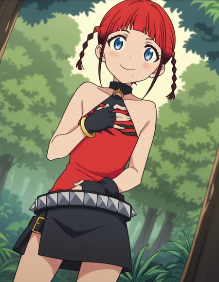 score_9, score_8_up, score_7_up, source_anime, <lora:chise-asukagawa-s1-ponyxl-lora-nochekaiser:1>, chise asukagawa, short hair, blue eyes, braid, red hair, multicolored hair, mole, twin braids, gradient hair, mole under mouth, anime screencap,, skirt, gloves, bare shoulders, jewelry, belt, fingerless gloves, bracelet, sleeveless, red shirt, black skirt,, forest, trees, foliage, wildlife, greenery, smile, hand on stomach, blush,, looking at viewer, solo,, dutch angle, cowboy shot