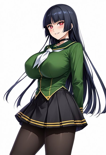 score_9,score_8_up,score_7_up,source_anime,5_figner,2d_animation,game cg,BREKE,
POKEMONSABRINA, BLACK HAIR, LONG HAIR, BANGS, BLUNT BANGS, RED EYES, HIME CUT, SIDELOCKS,WHITE PUPILS,1girl,solo,mature female,
gosya school uniform,
long sleeves,pleated skirt,black pantyhose,shoes,green shirt,choker,serafuku,arms behind back,from side,
gigantic breasts,thick hips,thick thighs,thick waist,disproportionate breasts,huge areolae,
covered erectile nipples,covered the breast,curves,glamour,blush,smile,upper body,white  neckerchief,
simple background,white background,
masterpiece,best qualit,ultra-detailed,illustration,an extremely delicate and beautiful,beautiful detailed eyes,unity 8k wallpaper,high resolution,anime CG,official_art,
