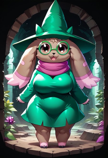 ((score_9, score_8_up, score_7_up, best quality, masterpiece, smooth shading, GhostlyStyle, MegaFluffyPony, furry, fluffy, ITMStyle, solo, full body)) (((cave, ruins, plants, easynegative, front view))), (((female, anthro Digimon, lopmon_(Digimon):1.00))), ((brown fur, horns, drooping ears, small tail, black eyes, eyelashes)), ((ralseifit, green hat, green glasses, round eyewear, magenta scarf, wizard hat, long sleeves, heart sprint, black heart, green dress, short dress:1.45)), ((happy, posing)), ((big hips, big breasts, voluptuous:1.25))
