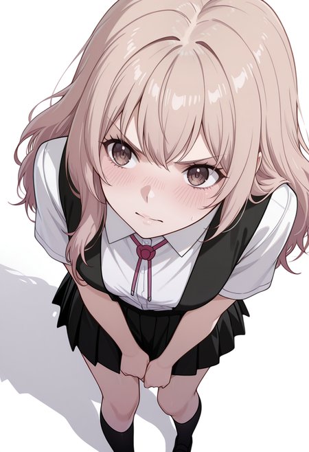 masterpiece,high quality details, absurdres,
 <lora:Kazusa_Ootori_V2:0.8> kazusa_cnr, 1girl, light brown hair, long hair, brown eyes,kazusa_s1, school uniform, white shirt, short sleeves,pleated skirt, suspender skirt,ribbon, socks, kneehighs,, simple background, white background, from above,solo,, v-shaped eyebrows,embarrassed,