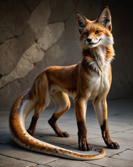 score_9, score_8_up, score_7_up, intricate details, rating_safe, <lora:SnakeSkinStyle:0.7>, 1boy(solo, feral furry, 
anthro furry, fox with Jed-snkskn, snakeskin,
full body, looking at the viewer, solo, smiling), detailed background, depth of field, subsurface scattering, 
<lora:ral-chrosc-clr:0.3>, ral-chrosc-clr,
<lora:xl_more_art-full_v1:0.3>,
<lora:add-detail-xl:0.3>