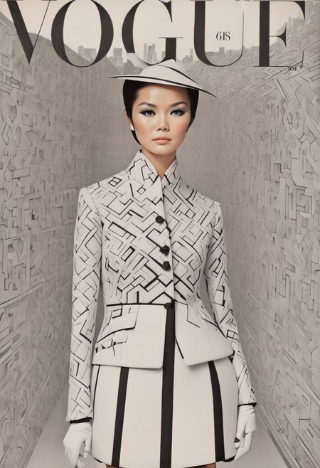 She asian geometric patterns, monochrome elegance, sharp contrasts, tailored suit, modern sophistication, Architectural Digest Fashion Feature, urban skyline backdrop.,highly intricate,(VOGUE Cover Magazine:1.15),1968, 60s, black letters, hyper detailed, photorealistic,,