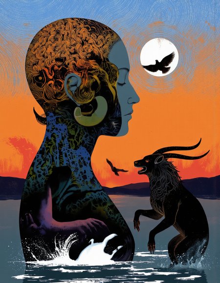 By Anna & Elena Balbusso. A surreal digital illustration shoot from a profile camera angle about a silhouette of a woman's head with silhouettes of animals and birds in a surreal landscape. the image also shows a sunset with a full moon in the background and silhouettes scattered throughout the scene. on the left side of the image, a woman appears to be in her mid-twenties, with her profile facing the viewer, and her hair is styled in a way that creates a sense of depth and dimension. she is standing in the middle of the frame, with a serene expression on her face. her eyes are closed, and she is facing away from the viewer. her body is slim and her expression is calm. her ears are not visible, but her hair style is detailed and she has a dreamy, ethereal quality to it. her hair color is a mix of orange, yellow, and black, with intricate patterns and swirls that create an ethereal atmosphere. her face is not visible as she is positioned in the frame. on her right side, a creature with horns and a long, flowing mane is depicted in a dynamic pose, with its arms outstretched and its mouth open, as if in a moment of surrendering. it is positioned to the right of the woman's face, and its body is in a state of motion. the creature on the right side is also shown in motion, and it is in motion as it leaps out of the water, with the creature in the foreground. the background is a gradient of orange and blue hues, and the overall effect is one of a dream-like landscape with swirling patterns and a fantasy theme.