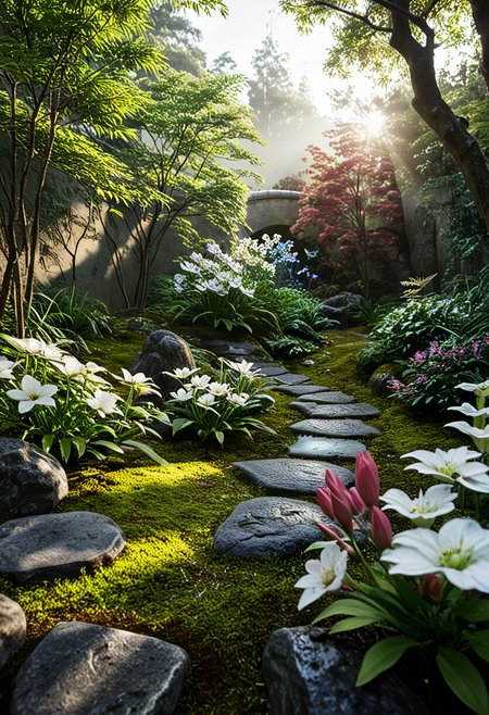 d577:0.25, A realistic Japanese courtyard garden with moss-covered mounds,natural stones and neatly arranged stepping stones forming a winding path, wabi-sabi aesthetics, spatial layering, and material harmony, a garden with rocks, flowers, and a tree in the fore of the sun shining through the trees in the background, trees and grass and rocks and plants and flowers and water and trees and foliage and bridge and bridge ' s lights and lights, cinematic lighting, glossy paper, iso150, 35mm, score_9, score_8_up, score_7_up, intricate details, Hyperrealism style, 3d, concept-art, dreaminess, psychedelic, shallow-depth-of-field, cinematic lighting, soft bokeh, very beautiful composition, Unreal, real-time 3D, Epic Games style, Unreal Engine style, 3d-rendering, vibrant contrast depth and shadow enhanced using (Gaussian blur) for a soft background focus, (sharpen filter) applied, (color grading) to enhance contrast between warm and cool tones, (noise reduction) for a smooth, clean finish, (HDR toning) used for extra depth and detail, highly detailed dreamy background detailed skin texture, subsurface scattering award-winning, professional, highly detailed . dreamlike, mysterious, provocative, symbolic, intricate, detailed, hyper-detailed, masterpiece, award winning, midjourneyv6.1