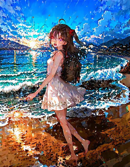 year 2024, highres, perfect quality,high quality,masterpiece,best quality,amazing quality,very aesthetic,Cinematic Lighting,newest,Tactical use of shadow,
1girl,solo,long hair,black hair,hair between eyes,ahoge,purple eyes,AyanoKimishima Cyql,
sparkler, outdoors, fireworks, barefoot, dress, scenery, sky, smile, night, white dress, ocean, open mouth, standing, beach, cloud, holding fireworks, looking at viewer, water, standing on one leg, horizon, one side up, from side, :d, blush, night sky, sleeveless dress, city lights, multicololens flare, sleeveless, blurry, bokeh, sundress, shore, holding, bare shoulders, full body, bare arms, depth of field, sunset, scrunchie, breasts, mountainous horizon, mountain, cloudy sky,  waves, blurry background,  star \(sky\), blue sky, sand,  leg up, sun, looking to the side, lights, reflection, walking, moon, bare legs, floating hair,
<lora:ponyv4 noob1 2 adamW-000017:0.7>,<lora:spo sdxl 10ep 4k-data lora webui:0.6>,<lora:USNR STYLE XL lokr:0.45>,<lora:illustrious all rated v1:0.7>,<lora:96YOTTEA-WAI:0.8>,<lora:Ayano Kimishima Illustrious by Cyql:1>,