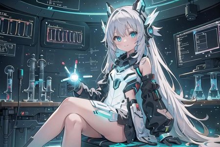 (masterpiece), (science fiction:1.4), 1girl, sitting, smile, silver hair, aqua eyes, headgear, long sleeves, detached sleeves, glowing energy clothing, light particles