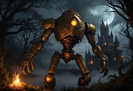 giant bipedal robot brass and dark yellow and red striped paint, bronze paisley robot. lacy robot metal. crawdad helmet head. outside of a steampunk keep. large detailed torso. dark image. one forty foot tall ancient robot with great arms and two heavy spring legs. dark foggy night background. $dark foggy night image only. dark photo realistic image. steampunk details. cogs, chains and pipes incorporated in the fantasy buildings. magic wizards tower in background. Dark swamp, moss, castle ruins, wizards tower. stormy dark night.  stormy sky.  flaming spooky trees