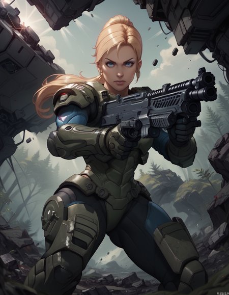 score_9, score_8_up, score_7_up,     
1girl, solo,
icesstdg,
blonde hair, blue eyes, looking at viewer, ponytail, 
armor, 
science fiction, forest, spacecraft, debris, 
from below, battle, fighting stance,
holding assault rifle, 
 <lora:Ice SS Troopers PXL v01-000001:0.90>