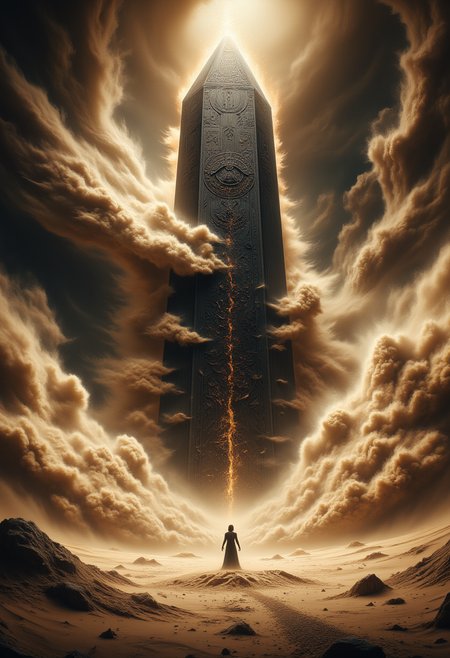 The Sandstormâs Eye
The desert is caught in the midst of a fierce, swirling sandstorm, the winds howling and the sand flying in every direction. In the eye of the storm stands a strange, unnatural structureâan enormous, obsidian obelisk, gleaming in the chaos. The sand seems to flow around it in a perfect circle, never touching its surface. The atmosphere is thick with an eerie, oppressive stillness in the eye of the storm, where the light is dim and the air feels charged with dark energy. The obeliskâs surface is covered in strange, glowing runes, and there is a sense of ancient power emanating from it. The storm rages on outside, but within this space, time itself seems to stand still.
ral-sand ral-ertmsphr aidmaMJ6.1