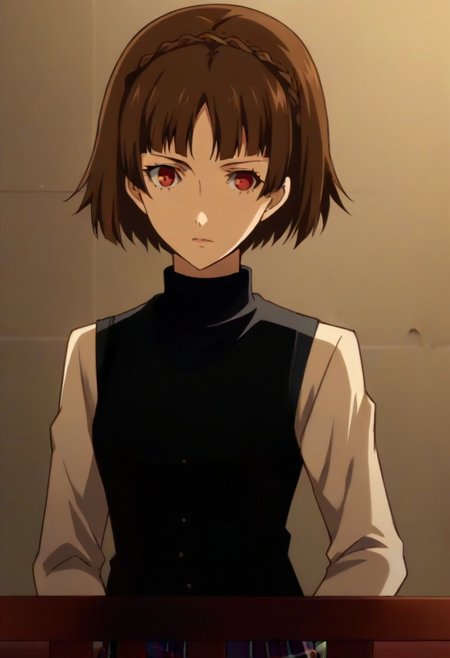 (source_anime), 1 girl, solo, nsfw, aged up, defMako, p5makoto, niijima makoto, short hair, bangs, brown hair, long sleeves, uniform, pantyhose, pleated skirt, turtleneck, plaid skirt,crown braid,uniform, black vest,