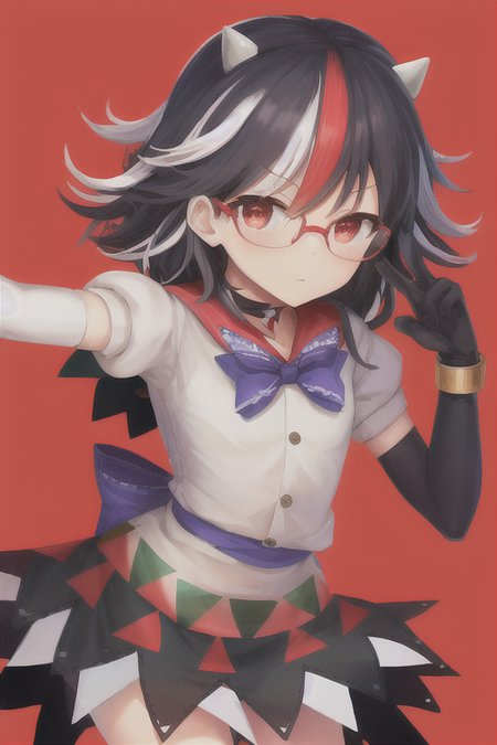 <lora:seijaKijin_seijaKijin:1>, masterpiece, best quality, 1girl, solo, solo focus, (((kijin seija))), horns, red eyes, multicolored hair, (black hair), streaked hair, short hair, red hair, white hair, dress, bow, jewelry, bracelet, white dress, blue bow, puffy short sleeves, puffy sleeves, bowtie, blue bowtie, short sleeves, arrow \(symbol\), white shirt, blue sash, purple bowtie, purple bow, buttons, ribbon trim, multicolored clothes, sash, sailor collar, red sailor collar, flat chest, skinny waist, petite, skinny, thighhighs, elbow gloves, choker, glasses, pose,