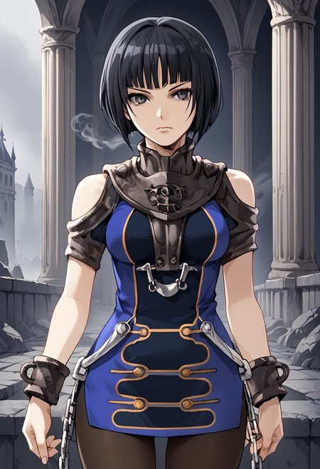 score_9,score_8_up,score_7_up,source_anime,5_figner,2d_animation,game cg,BREAK,1girl,solo,
Millennia,short hair,bob cut,black hair,lunt bangs,knee boots,chain,pantyhose,belt,short dress,blue dress,expressionless,weapon,armor,cuffs,handcuffs,
medium breast,upper body,looking at viewer,
indoor,underground Palace,black smoke,
masterpiece,best qualit,ultra-detailed,illustration,an extremely delicate and beautiful,beautiful detailed eyes,unity 8k wallpaper,high resolution,anime CG,official_art,
