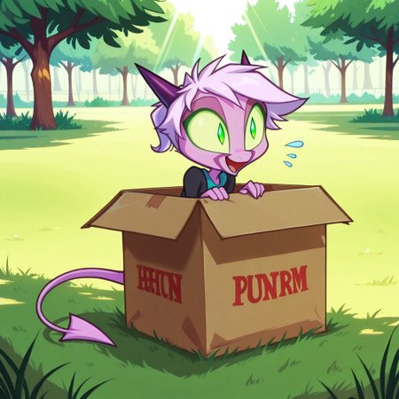 Dreamkeepers,1girl,Prelude_Namah,solo,demon tail, green eyes, horns, 
child, kid,
Hiding in a Cardboard Box in a Parkm cardboard_box, hiding, park, dress, sunlight, grass, trees, giggling, surprise , crouched in a cardboard box, dress peeking out, giggling in a sunlit park with grass and trees