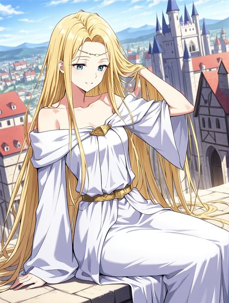<lora:Ariana-000007:1>
1 girl, solo, very long hair, blonde hair, blue eyes, small breasts
white robe, collarbone, circlet, bare shoulders, bracelete
score_9, score_8_up, score_7_up, very aesthetic, source_anime, detailed, high quality, beautiful, masterpiece, detailed eyes, castle, village, blurry background, cityscape, pose dynamic angle, light smile, open mouth, hand on hair, sitting