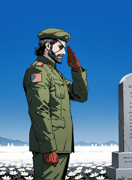 masterpiece,best quality,amazing quality,very aesthetic,absurdres,newest, huge filesize,
<lora:spo_sdxl_10ep_4k-data_lora_webui:0.5>,
<lora:add-detail-xl:1>
 normandy_american_cemetery,  ((Salute)) , stright tombstone, right hand Salute, (green Military beret:1.4),from side, looking down,  tombstone facing man,
Upright tombstone,
Standing gravestone,
Vertical headstone,
Saluting the text on the tombstone,
Paying respects with a salute to the inscription,
Standing at attention and saluting the tombstone’s e
Stand at attention and salute, (white flower:1.4), wind, 
Attention and salute,
day,sky,  monochrome,  muscular male,  military uniform jacket,  along,standing,  legs together, from side, face shot,
1man, mature male,  big boss from metal gear solid3,  from behind, 
35YO,
Full beard with a rugged look,
Thick and well-groomed beard,
Short, scruffy facial hair, black hair, 
Olive green suit with matching trousers, 
simple pencil sketch, spot color, <lora:Yoji:0.8> yoji_shinkawa,
eyepatch,