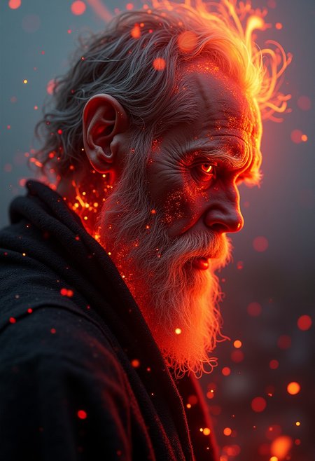 A symmetric portrait of a male, evil fire necromancer, features dissolving into fire magic thin, luminescent red lines. Weighted Voronoi stippling and laser caustics create a network, transitioning from hyperrealistic detail to abstract, quantum-inspired forms. Ethereal hues blend, evoking existential transition and mystery. Close-up on face, evil skull partially visible. Set against a twilight volcanic backdrop, hot winds ripple through his tattered robes. Rendered in a fusion of photorealism and digital surrealism, the scene is illuminated by ghostly Northern Lights. Emphasis on heat, menacing atmosphere, invoking Nordic myths