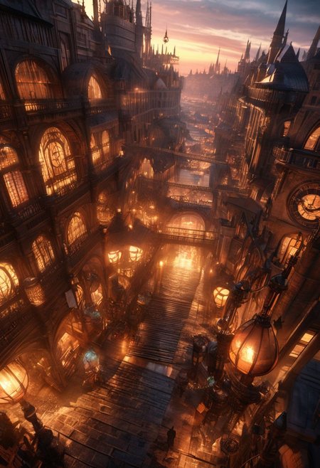 (best quality, 8k, high res, masterpiece:1.2), photorealistic, ultra-detailed, vibrant photography of a picturesque steampunk city at sunset. 
Create a vivid depiction of a bustling steampunk cityscape, where Victorian-era aesthetics blend with fantastical steam-powered technology. Imagine towering brass and copper buildings adorned with intricate gears and pipes, steam billowing from every corner. Capture the essence of this alternate reality, where airships sail amidst clockwork skyscrapers, and cobblestone streets are bustling with eccentrically dressed denizens. Let your imagination roam through the winding alleys and bustling marketplaces of this vibrant steampunk metropolis, where innovation meets nostalgia in a world powered by steam and imagination.
(dynamic angle, cinematic lighting, ethereal atmosphere:1.1), (extremely detailed:1.2), (vivid colors:1.3), (perfect composition:1.2), (sharp focus, stunning realism:1.2)