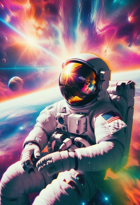 An astronaut in space, god rays, psych3delic