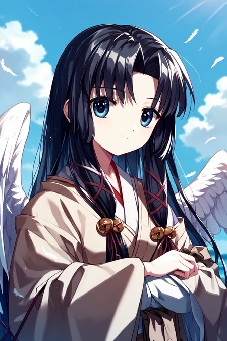 score_9, score_8_up, score_7_up, score_6_up, rating_questionable, source_anime, best quality, masterpiece, detailed background, detailed eyes, sky, large angel wings, brown yukata, white feathers, <lora:kannabi-no-mikoto-xl-05:1>, kannabi no mikoto, brown yukata, small breasts, black hair, long hair, blue eyes,