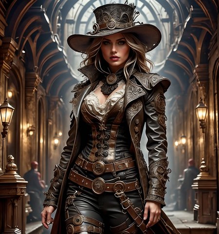RAW photo, (masterpiece:1.3), subsurface scattering, heavy shadow, (high quality:1.4), (intricate, high detail:1.2), professional photography, HDR, High Dynamic Range, realistic, ultra realistic, photorealistic, high resolution, film photography, ambient lighting, atmospheric effects, <lora:detail_slider_v4:2>, OverallDetail,   <lora:SteampunkChar:1>, 1girl, ascot, belt, black headwear, blonde hair, boots, coat, gears, holster, jewelry, leather, lipstick, long hair, makeup, open clothes, solo, steamchar, vest,