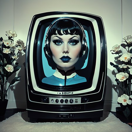Score_9, score_8_up, score_7_up, score_6_up, BREAK  <lora:Abstract_Retro_Future_MoviePony:1> ArsMovieStill, Movie still from an abstract retro future movie, The image is a digital illustration of a television set with a portrait of a woman's face on the screen. The television is placed on a black stand with a red base and a white background. The woman has short dark hair styled in a bob with bangs and is wearing a pair of headphones on her head. She has dark lipstick on her lips and her eyes are looking directly at the camera. The image has a vintage retro feel to it. There are two vases with white flowers on either side of the television adding a touch of color to the scene., 1girl, solo, makeup, black hair, headphones, lipstick, looking at viewer, short hair, blue eyes, plant