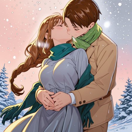 highres,ultra-detailed,illustration,colorful,masterpiece,extremely detailed,8k , manga art style , single panel , (1girl ,silver braided hair, flowing teal dress) , (1boy ,brown curls, ivory shirt,  green scarf) , boy embraces girl gently from behind , winter , snowing , kisses neck , soft lighting