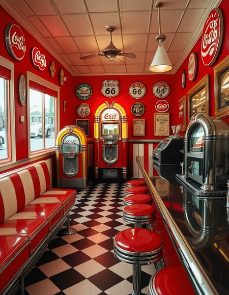 A classic 1950s American diner with a nostalgic retro atmosphere. The interior features red and white leather booth seating, chrome-trimmed tables, and a long counter with matching red barstools. A vintage jukebox with colorful neon lights stands against the wall, ready to play rock 'n' roll hits. The checkered black-and-white floor contrasts with pastel-colored walls adorned with Coca-Cola signs, Route 66 memorabilia, and classic diner menus. A row of shiny chrome napkin dispensers and glass salt and pepper shakers sit neatly on the tables. A milkshake machine and an old-fashioned soda fountain rest behind the counter, next to a vintage cash register. Large windows let in soft daylight, reflecting off the gleaming surfaces, creating a warm and inviting retro ambiance.
<lora:SDXLFaeTastic2400:0.4> <lora:extremely_detailed:0.4> extremely detailed,1950s American d1n3r, <lora:1950s_American_d1n3r-i:1>, Masterpiece,best quality,hi res,8k,hi res,8k,award winning,(sharp focus, intricate, highly detailed),