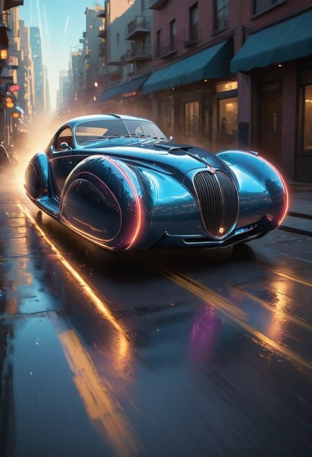 front view, from below,  bright sunny day, shimmering heat, d3c0pnuk, str34ml1n3 flying (1938 Phantom Corsair:Delahaye)  car, anti-grav, flying a meter above wet street, nowheels,  passing by fast, fancy people on the sidewalk, light speed, flash, (motion trail:1.5), motion blur, epic visual effects, flow, detailed, cinematic scene, lens flare, god rays, glow, (best quality, 8K, high resolution, extreme detail, (outstanding composition:1.4),  road reflections, low angle, in an art deco shining city, perspective, depth of field, foreshortening <lora:Decopunk_XL_v3:0.8>  <lora:No.Wheels.XL:0.9> <lora:glowneon_xl_v1:0.8> glowneon, glowing, sparks, lightning, ultra detailed <lora:add-detail-xl:2> overexposed