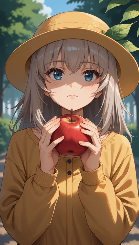 score_9, score_8_up, score_7_up, score_6_up, score_5_up, score_4_up, source_anime, 
 <lora:GUPErika:1> , 1girl, itsumi erika, blue eyes, grey hair, long hair,1girl, solo, fruit, food, holding, holding food, long hair, holding fruit, outdoors, apple, long sleeves, yellow headwear, upper body, blurry, closed mouth, tree, blue eyes, hat, day, blurry background, bangs, hands up, looking up, leaf