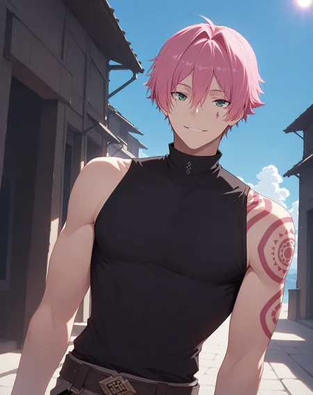 masterpiece, best quality, absurdres, very aesthetic,
1boy, solo, yaoi, male focus,
cowboy shot, upper body, looking at viewer,
<lora:Alec_ilxl:1> alec, pink hair, green eyes, short hair, hair between eyes, arm tattoo, facial mark,
black shirt, sleeveless shirt,
outdoors, day, blue sky, sun