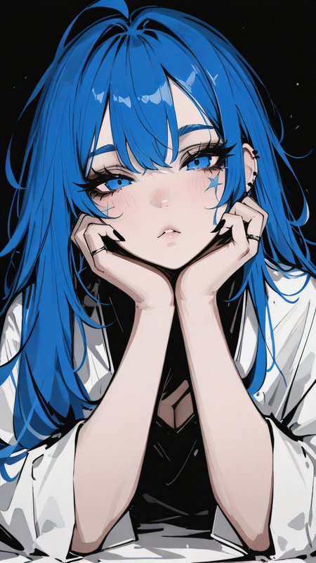 ,masterpiece,best quality,newest,  <lora:Monochrome_Glamourv1:0.9> mcglam, 1girl, blue hair, anime, blue eyes