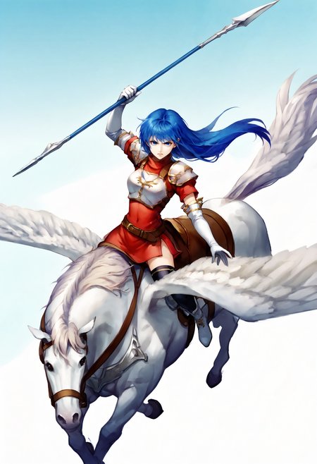 score_9,score_8_up,score_7_up,extreme detailed,full_body,zPDXL BREAK sky,flying,
<lora:Pony_DetailV2.0:1>,pegasus knight,horse,horseback riding,pegasus,<lora:pegasus knight:0.8>,caedadef,blue eyes,blue hair,long hair,bangs,turtleneck,red shirt,shoulder armor,pauldrons,breastplate,multiple belts,brown belt,white gloves,elbow gloves,red skirt,black thighhighs,white boots,<lora:caeda-fe-richy-v1_pdxl:1>,fighting stance,holding_spear,charging forward,