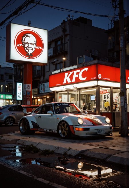 A white Metallic Porsche 964 Carrera RS Equipped with a large black rear wing parked near the KFC store(A clear KFC Illuminated logo,KFC store exterior,A clear white ITC American Typewriter Bold font "KFC" English red background Signboard.) in the gas station at the Tokyo,a yellow car number plate reading "13-14",The scene is captured from directly above, with a frontal side perspective,Day time,with ambient lighting,shot with a Hasselblad H6D-100c camera and Portra film.
<lora:Anime_Art_V3_(FLUX):0.5> <lora:FluxMythAn1meL1nes:0.4> <lora:Fluxartis_28.11A_(FLUX):0.4>