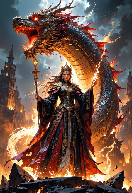 A mesmerizing scene of a powerful empress standing atop a shattered stone pedestal, surrounded by swirling golden mist. She wears an ornate black and crimson battle gown, intricately embroidered with mythical creatures and lined with glowing golden accents. Her hair flows freely, crowned with a gleaming golden diadem shaped like dragon wings. Encircling her is a colossal dragon, its shimmering scales shifting between hues of obsidian and fiery crimson. The dragonâs fierce, glowing red eyes lock onto unseen foes, while its sharp claws dig into the cracked pedestal. Flames flicker at the edges of the scene, casting dramatic shadows against a stormy sky streaked with lightning. The empress raises a jade scepter crackling with energy, her expression one of unyielding command, as the dragon lets out a thunderous roar, ready to strike. The scene radiates ancient power, defiance, and the raw mystique of a legendary battle. <lora:aidmaMJ6.1-FLUX-V0.1.safetensors:0.5>, <lora:FluxMythP0rtr4itStyle.safetensors:0.75>, <lora:artisketchyfs-v02.safetensors:0.5>, <lora:Elden_Ring_-_Yoshitaka_Amano.safetensors:0.75>,     <lora:ARTifacts.safetensors:0.5>,