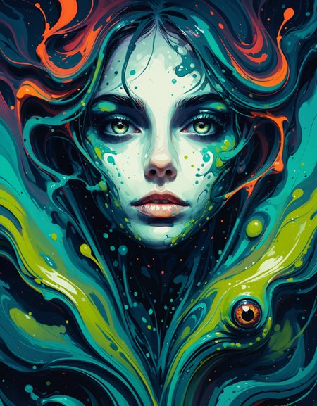 zavy-lqdprtrt, liquid paint, 46 year old Female, she is Intellectual, Amphibian Eyes, at Nighttime, Simple illustration, 50mm, minimalist, dynamic composition, intricate detail, gorgeous, ambient atmosphere, best, elegant, atmosphere, cool colors, rich vivid colors, extremely rich detail, beautiful
