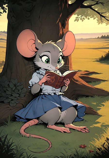 score_9, score_8_up, score_7_up, score_6_up, score_5_up, score_4_up,
[][][][][]
(((mouse))), (feral), furry, female, solo, (fluffy:0.8), (fluffy cheeks:0.4), cute, 
[][][][][]
(short frilly shirt, [[[short]]] blue skirt), grey fur, grey ears, green eyes, 
[][][][][]
flat color, in the style of Beatrix Potter,
[][][][][]
cel-shading, backlit, (cool color pallet), lying back, grass, (lying against enormous tree:1.5) reading, (look down:1.4)
[][][][][]
outdoors, field, daylight,